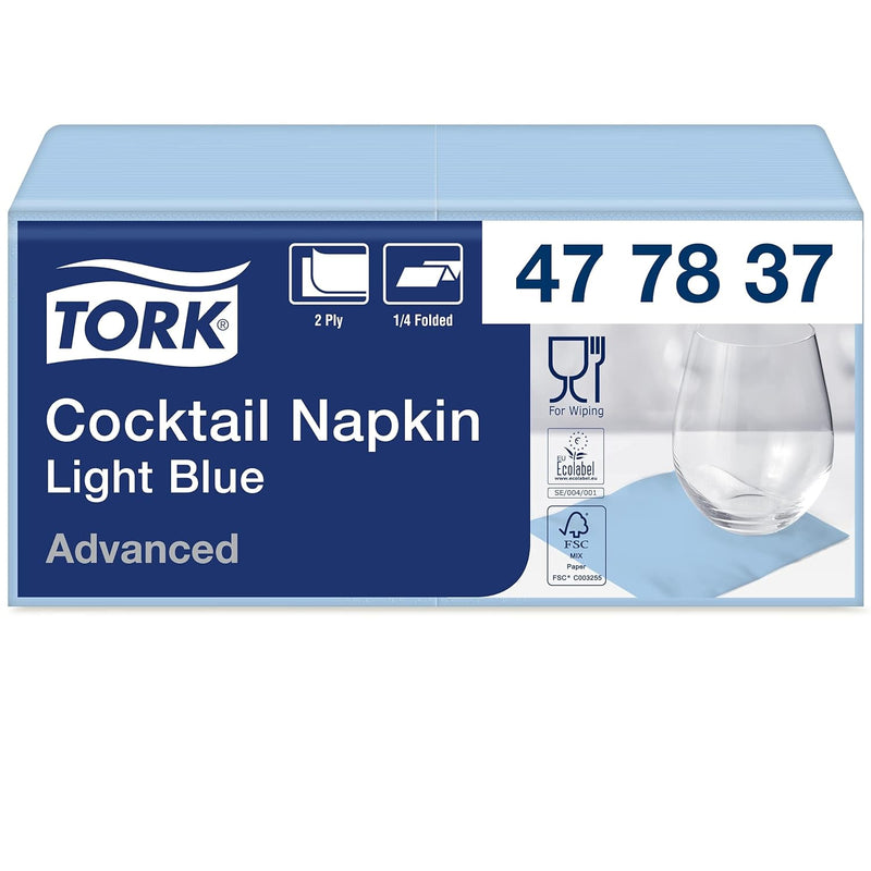 Tork 477837 Cocktailservietten Hellblau / Cocktail Serviette in Advanced Qualität mit 1/4 Falz / 12