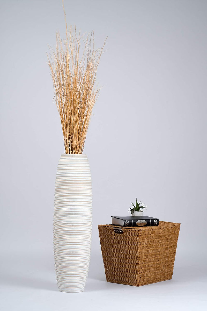 Leewadee Grosse Bodenvase für Dekozweige hohe Standvase Design Holzvase, Holz, 90 cm, White Wash 90