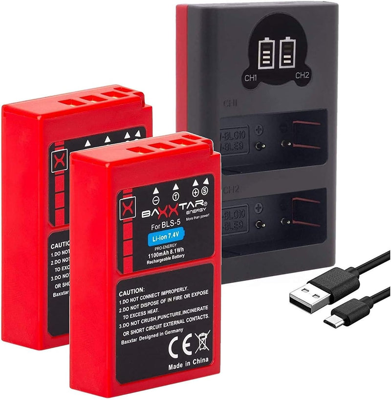 Baxxtar PRO BLS-5 BLS-50 Akku-Pack/echte 1100mAh / kompatibel mit OM-System Olympus - mit Ladegerät