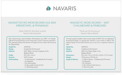 Navaris Kombitafel aus Kreidetafel und Kork Pinnwand - Memoboard 90x60 cm mit magnetischer Tafelfoli