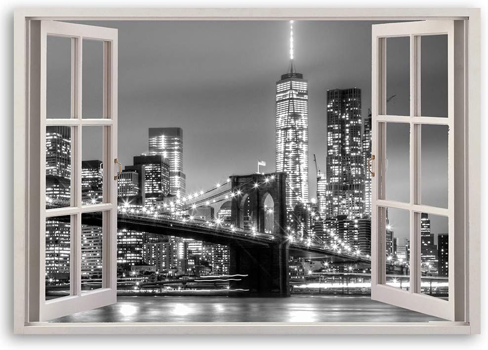 Feeby Wandbild 3D Illusion Druckbild Leinwandbild New York schwarz-weiss 90x60 cm Leinwandbild 90x60