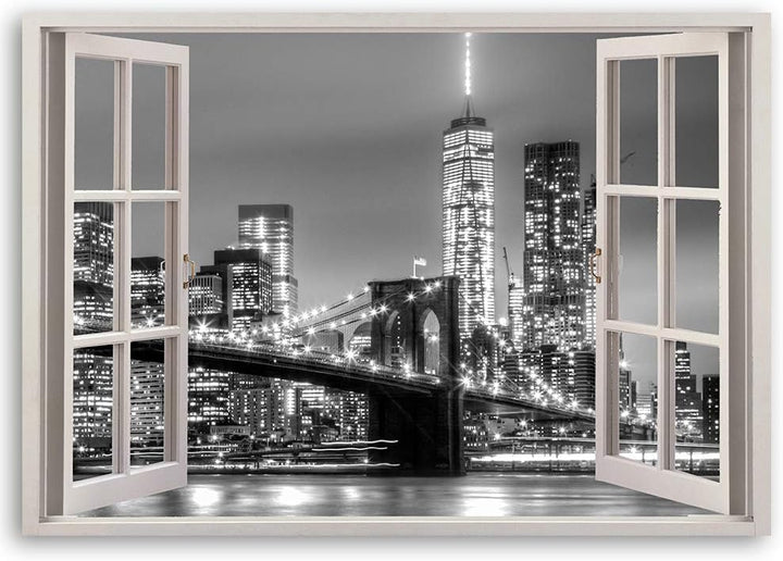 Feeby Wandbild 3D Illusion Druckbild Leinwandbild New York schwarz-weiss 90x60 cm Leinwandbild 90x60