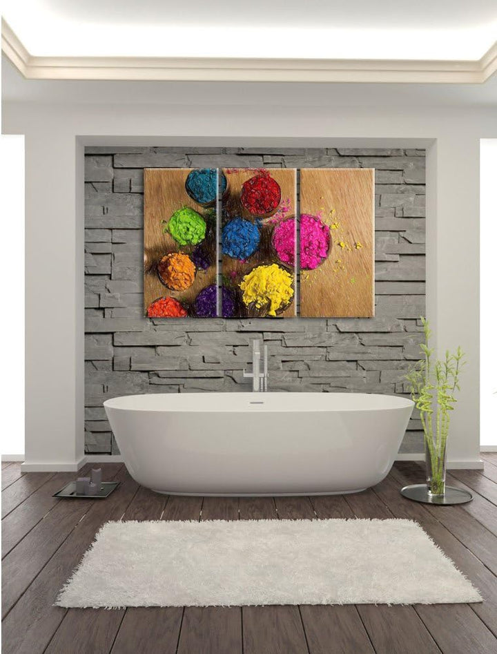 Pixxprint Indisches Farbpulver / 3-Teilig/Gesamtmass 120cm Leinwandbild bespannt auf Holzrahmen/Wand