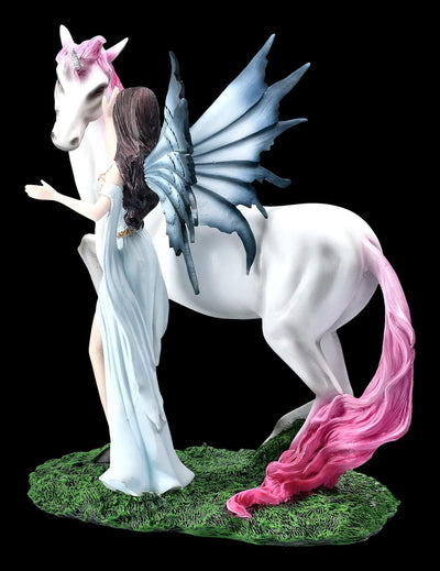 Elfen Figur - Mystique mit Einhorn mit rosa Mähne | Fee Fantasy Dekofigur