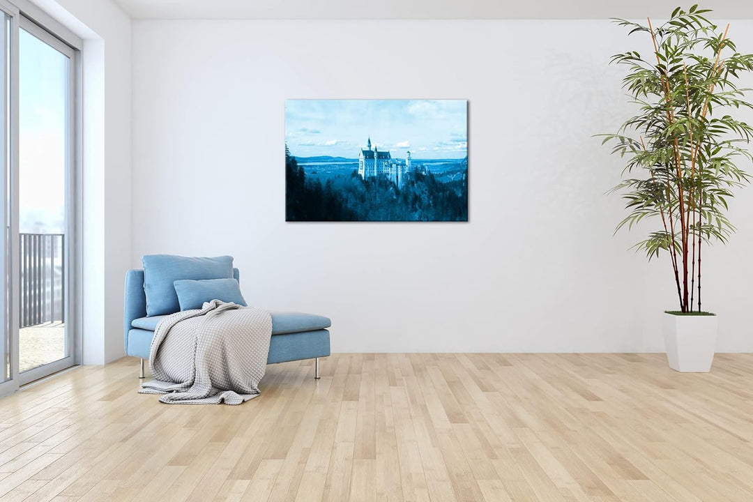 deyoli Burg Neuschwanstein Format 80x60 Effekt: Monocrome Blau als Leinwandbild, Motiv fertig gerahm