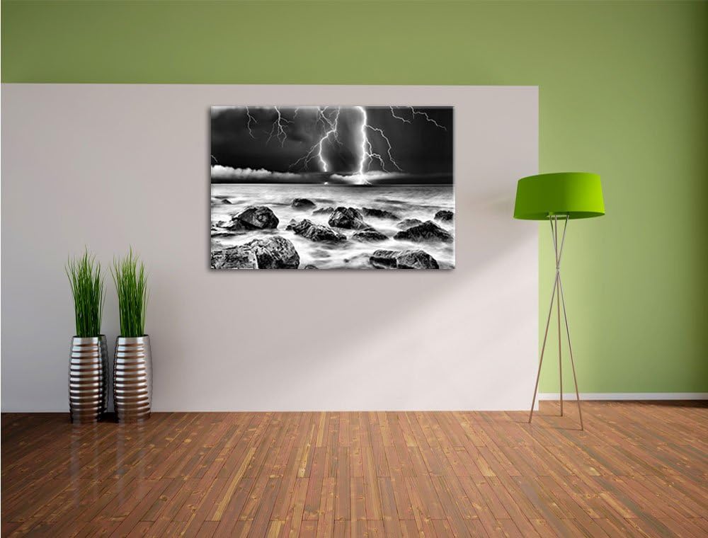 Pixxprint Blitzeinschlag in Meer / 100x70cm Leinwandbild bespannt auf Holzrahmen/Wandbild Kunstdruck