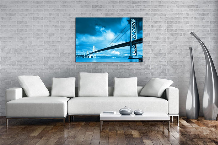 deyoli Hängebrücke im Kalifornien Format 80x60 Effekt: Monocrome Blau als Leinwandbild, Motiv fertig