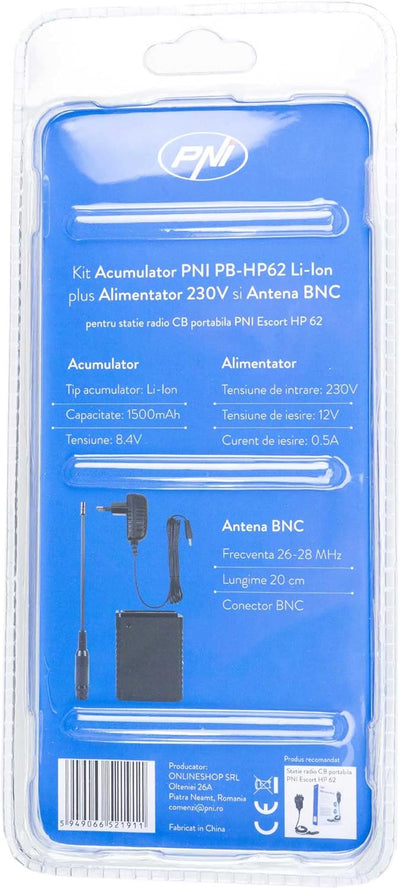 Kit Batterie PNI PB-HP62 1500mAh Li-Ion Plus 230V Netzteil und BNC-Antenne für CB Radio PNI HP 62 Si