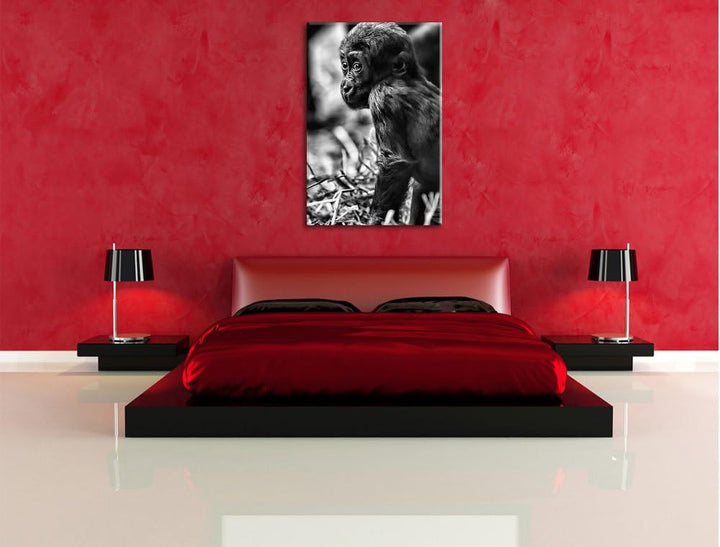 Pixxprint kleines Gorillajunges / 100x70cm Leinwandbild bespannt auf Holzrahmen/Wandbild Kunstdruck