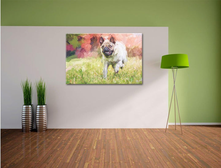 Pixxprint Rennender Mops Kunst / 100x70cm Leinwandbild bespannt auf Holzrahmen/Wandbild Kunstdruck D