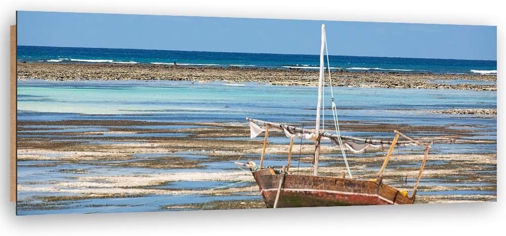 Feeby Deco Panel Ozean und Boot Bild Kunstdruck modern Landschaft Blau 120x40 cm Deko paneel 120x40