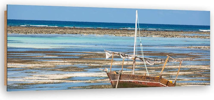 Feeby Deco Panel Ozean und Boot Bild Kunstdruck modern Landschaft Blau 120x40 cm Deko paneel 120x40