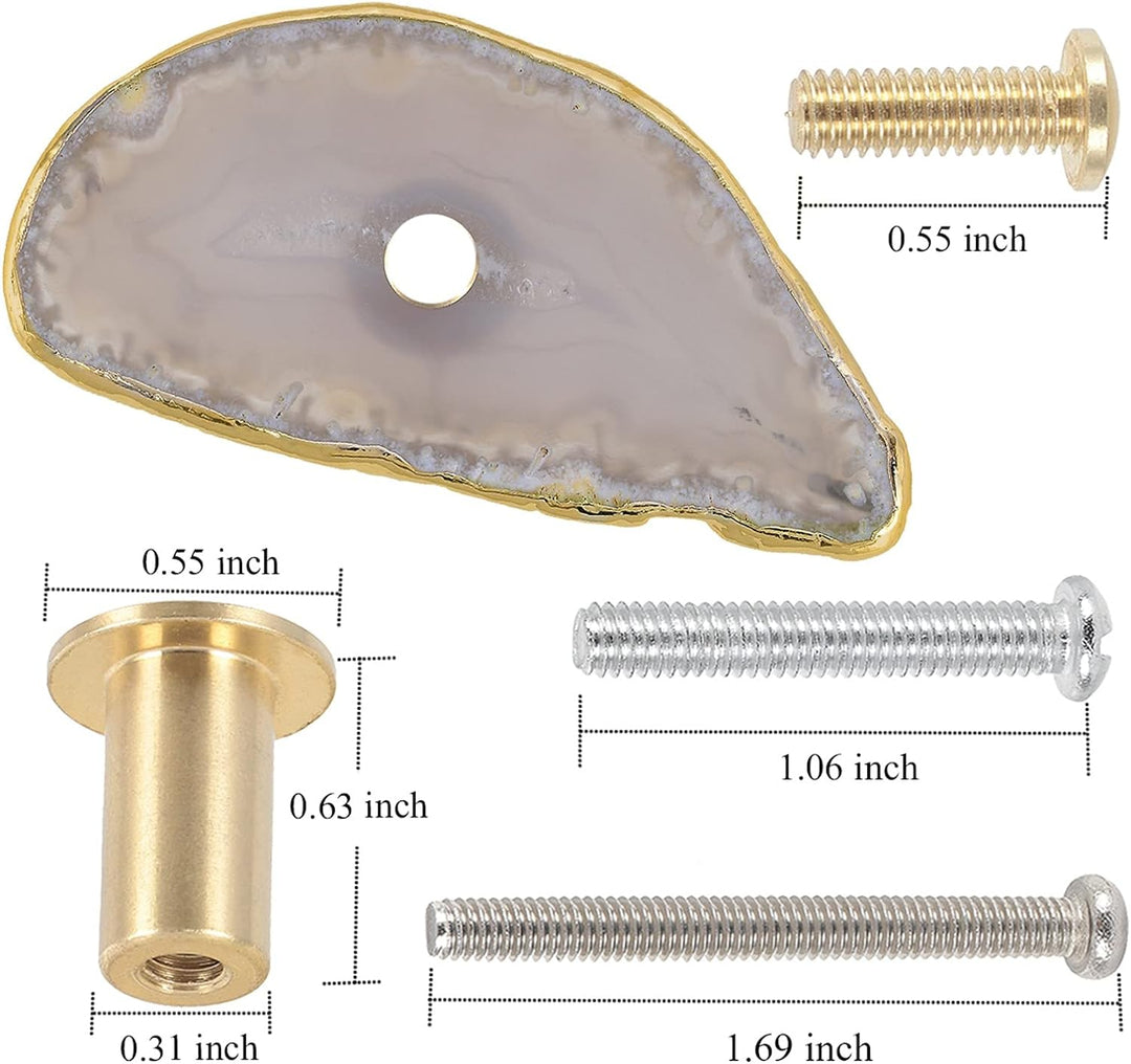KYEYGWO 4 Stück Natürliche Farbe Achat Scheiben Möbelknöpfe mit Schraube, Unregelmässig Messing Schu