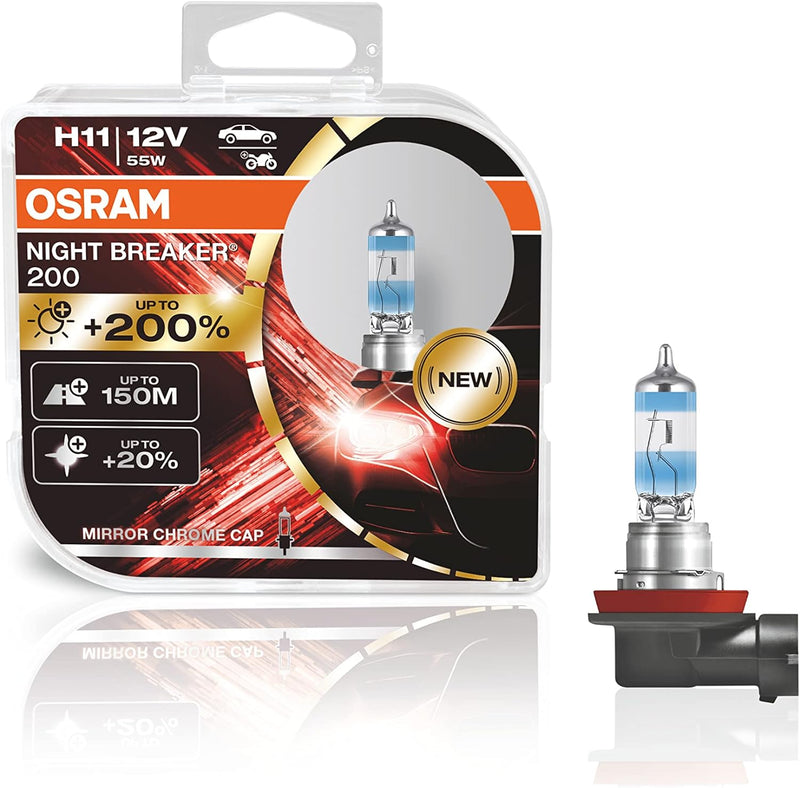 OSRAM Night Breaker H11, 200 Prozent Mehr Helligkeit, Halogen-Scheinwerferlampe, 64211Nb200-Hcb, 12V