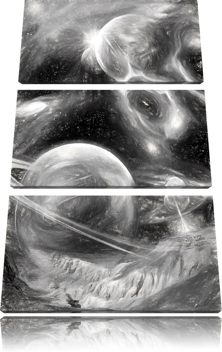 Pixxprint Raum Landschaft Kunst Kohle Effekt 3-Teiler Leinwandbild 120x80 Bild auf Leinwand