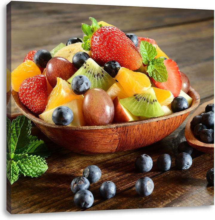 Pixxprint Schale voll mit frischem Obst als Leinwandbild/Grösse: 70x70 cm/Wandbild/Kunstdruck/fertig