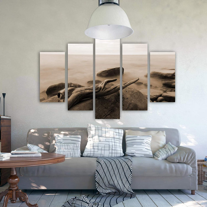 Feeby Bilder Landschaft 100x70 cm - Leinwandbild - 5 Teilig - Kunstdruck Meer braun Leinwandbild 100