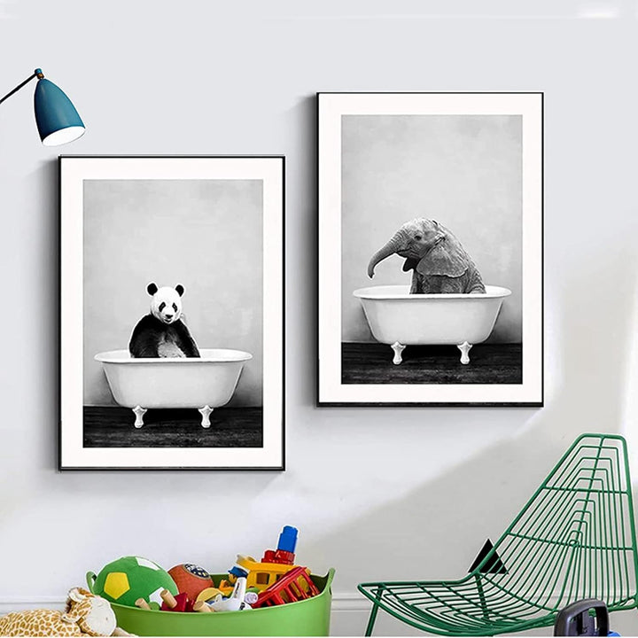 Badezimmer Bilder Poster Set,Lustige Elefant Wandkunst in Badewanne Bild,Tier Wand Kunst Drucke,Schw