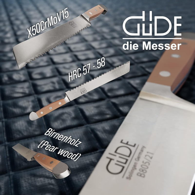 GÜDE Solingen - Brotmesser Für Links und Rechtshänder geschmiedet, 21 cm, Birnenholz, ALPHA BIRNE, D