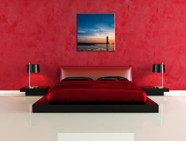Pixxprint einsamer Leuchtturm im Sonnenuntergang, Format: 70x70 auf Leinwand, 70x70