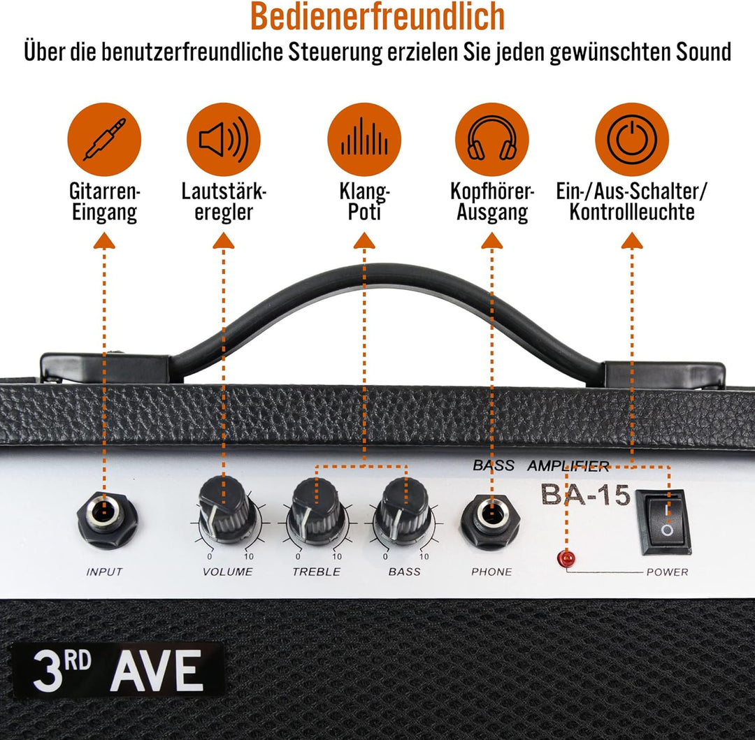 3rd Avenue Slimline Bassgitarren-Verstärker 15 W mit robustem gummiertem Gehäuse, Kopfhörer-Ausgang