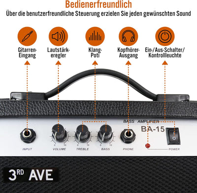 3rd Avenue Slimline Bassgitarren-Verstärker 15 W mit robustem gummiertem Gehäuse, Kopfhörer-Ausgang