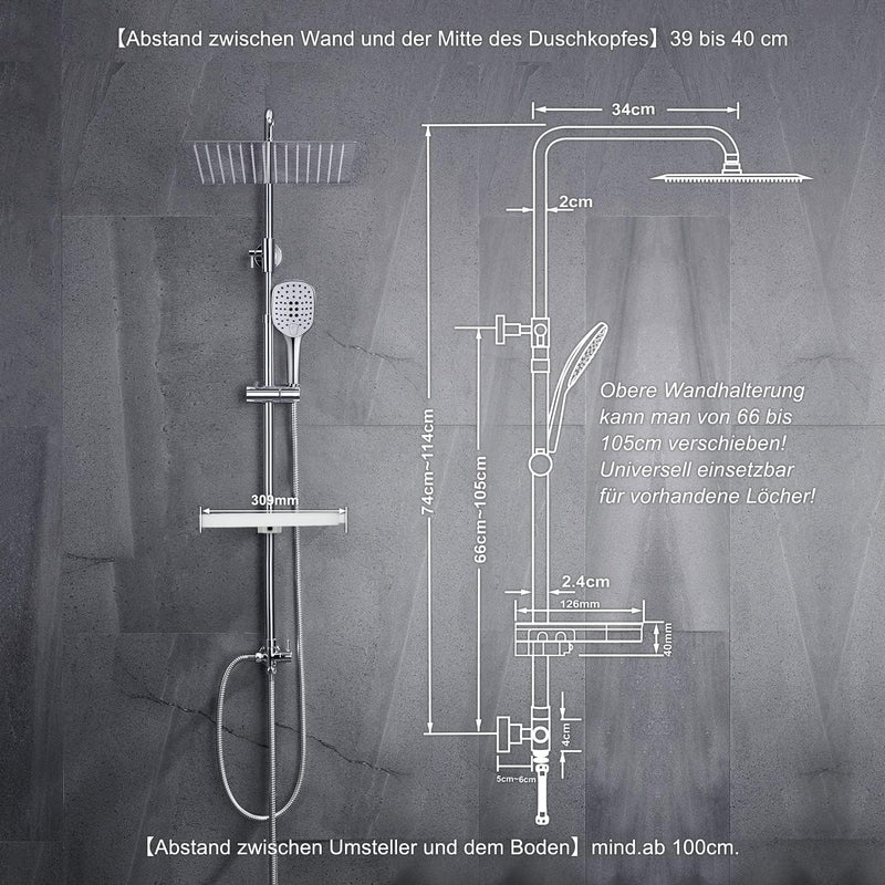 JOHO Edelstahl Regendusche Duschsystem Duschset Duschstange mit Ablage Chrom(Kopfbrause 25x25cm) 252