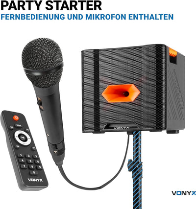 Musik Box mit Mikrofon, 180 Watt, tragbarer Bluetooth Lautsprecher mit Mikrofon und Fernbedienung, 1