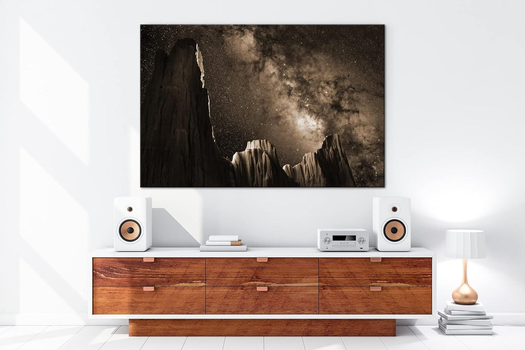 Hoch über den Bergen Effekt: Sepia, Format: 80x60 als Leinwandbild, Motiv fertig gerahmt auf Echthol