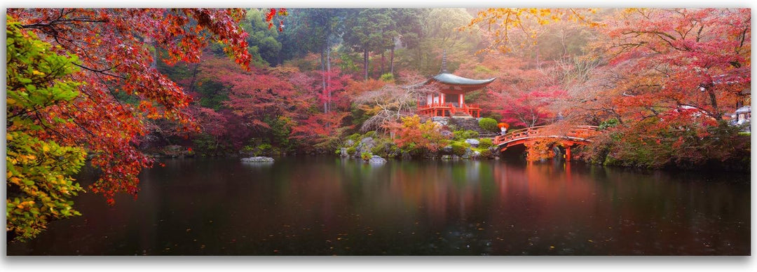 Feeby. Leinwandbild, Bilder, Wand Bild, Wandbilder, Kunstdruck 90x30 cm, JAPAN, PARK, SEE, ROT, 90x3