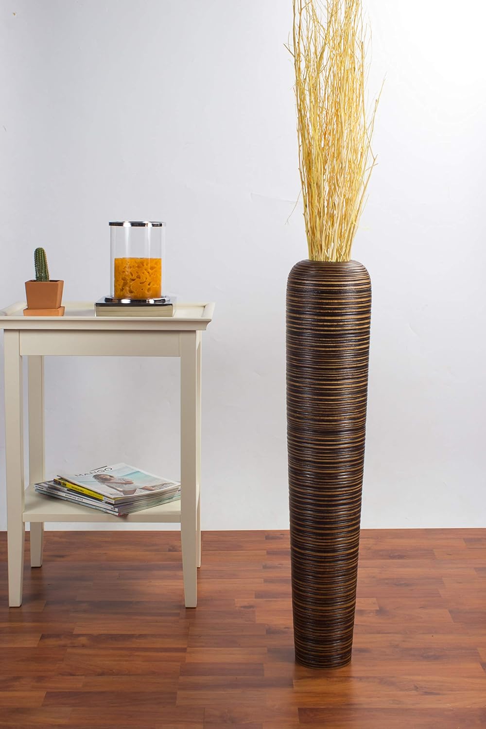 Leewadee Grosse Bodenvase für Dekozweige hohe Standvase Design Holzvase, Holz, 70 cm, Braun, 70 cm