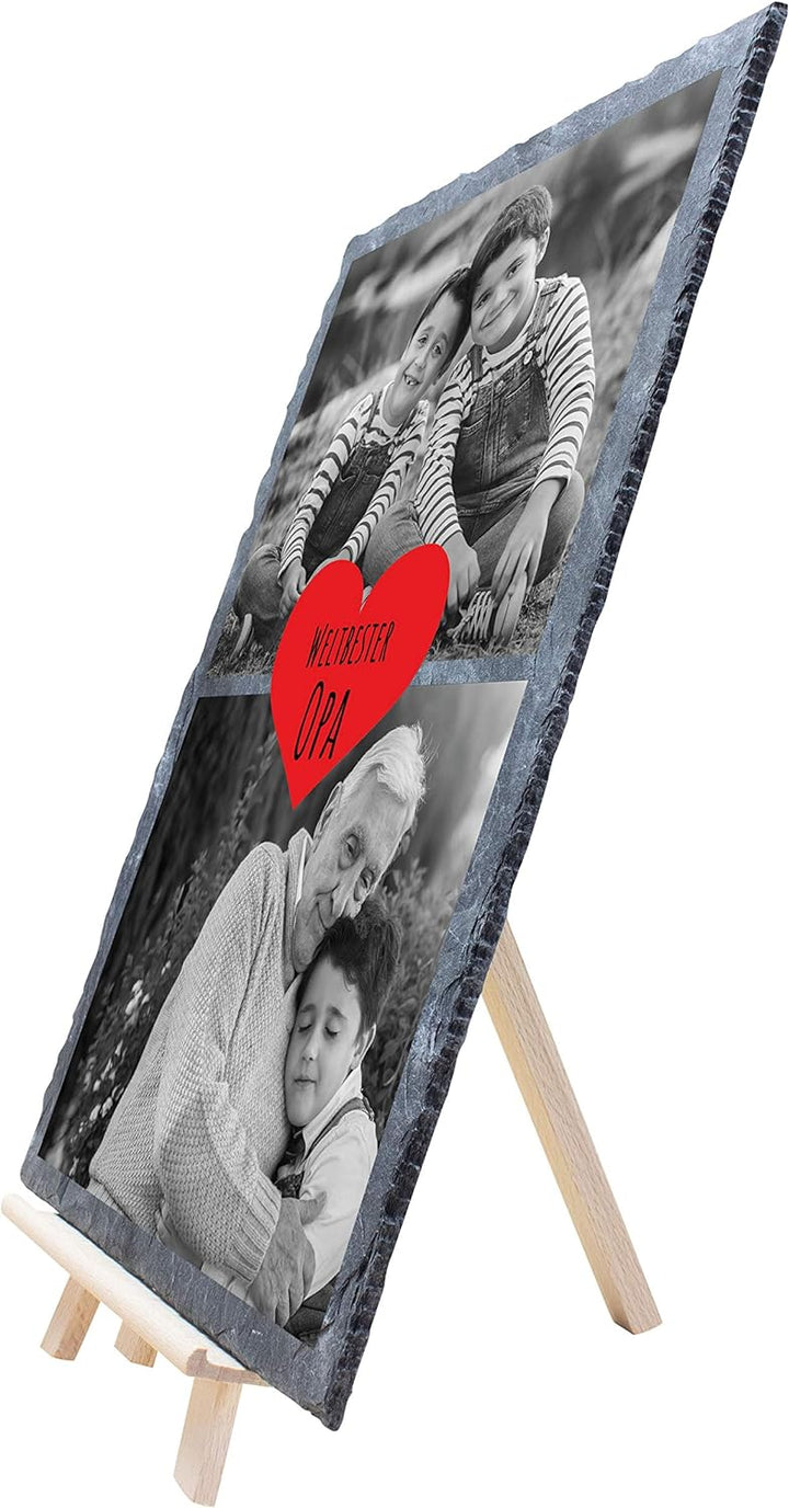 wandmotiv24 Schiefertafel Bester Opa mit Holz-Staffelei, Personalisiert mit 2 Schwarzweiss-Fotos, Di