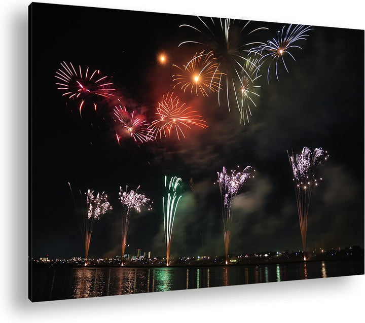 aufsteigendes Feuerwerk in der Nacht Format: 80x60 als Leinwandbild, Motiv fertig gerahmt auf Echtho