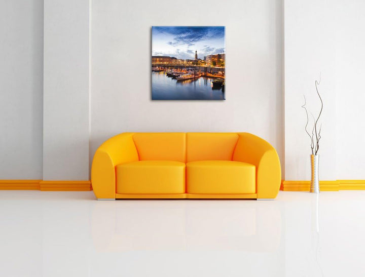 Hamburger Hafen am Abend, Format: 70x70 auf Leinwand, XXL riesige Bilder fertig gerahmt mit Keilrahm