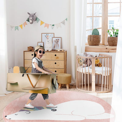 payé Teppich Kinderzimmer Rund - Rosa - 120x120cm - Pastellfarben Spielteppich Kinderteppich Kurzflo