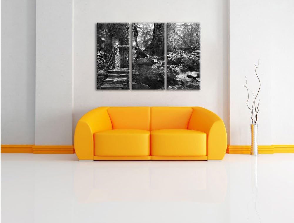 Pixxprint Geheimes Tor im Wald / 3-Teilig/Gesamtmass 120cm Leinwandbild bespannt auf Holzrahmen/Wand
