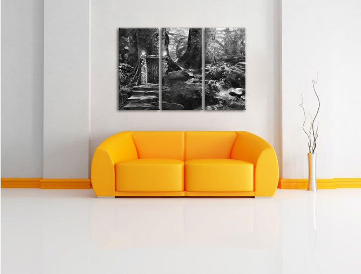 Pixxprint Geheimes Tor im Wald / 3-Teilig/Gesamtmass 120cm Leinwandbild bespannt auf Holzrahmen/Wand