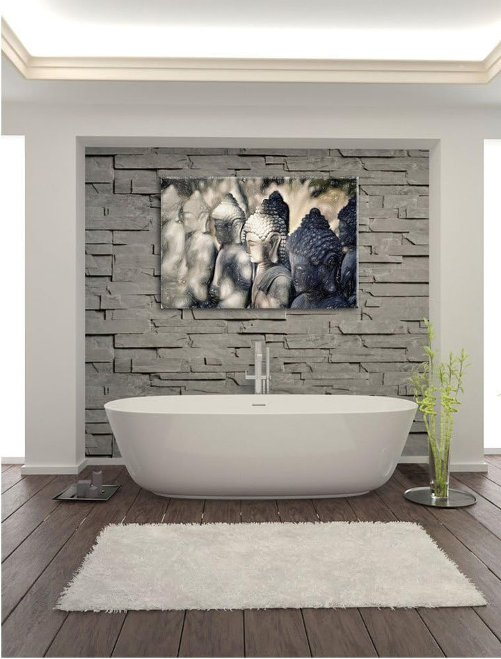 Pixxprint Meditierende Buddha-Statuen in Einer Reihe Kunst Buntstift Effekt, Format: 100x70 auf Lein