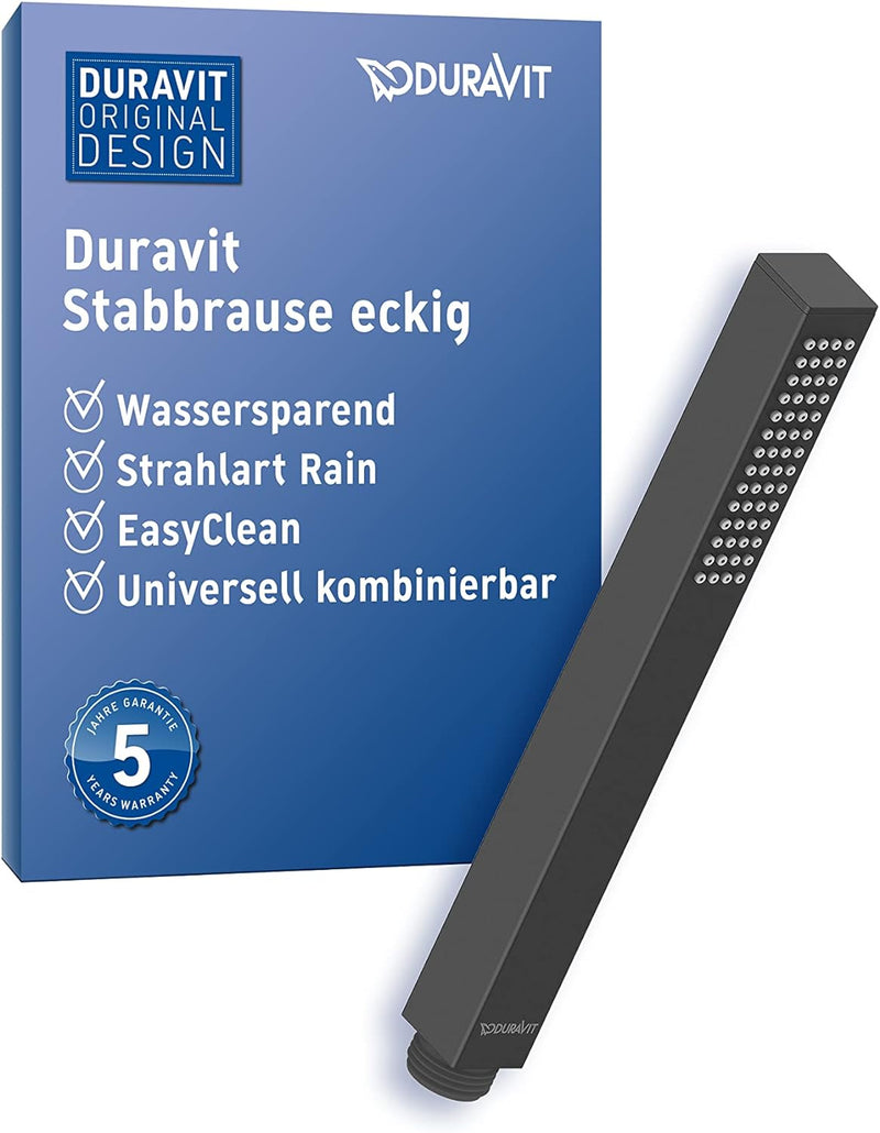 Duravit wassersparende Stabbrause, Duschkopf mit Strahlart Rain, Duschbrause eckig, Handbrause mit w