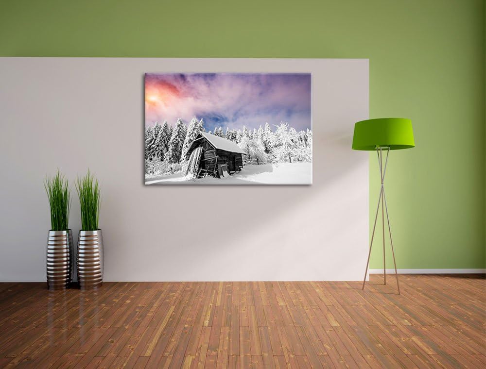 Einsame gemütliche Holzhütte im Schnee schwarz/weiss Format: 100x70 auf Leinwand, XXL riesige Bilder