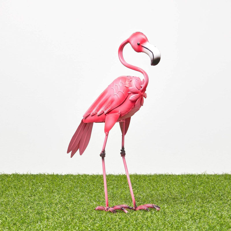 Homescapes Garten Deko Flamingo Metall Figur, handbemalt Metallvögel Dekofigur aus Eisen, Gartenfigu