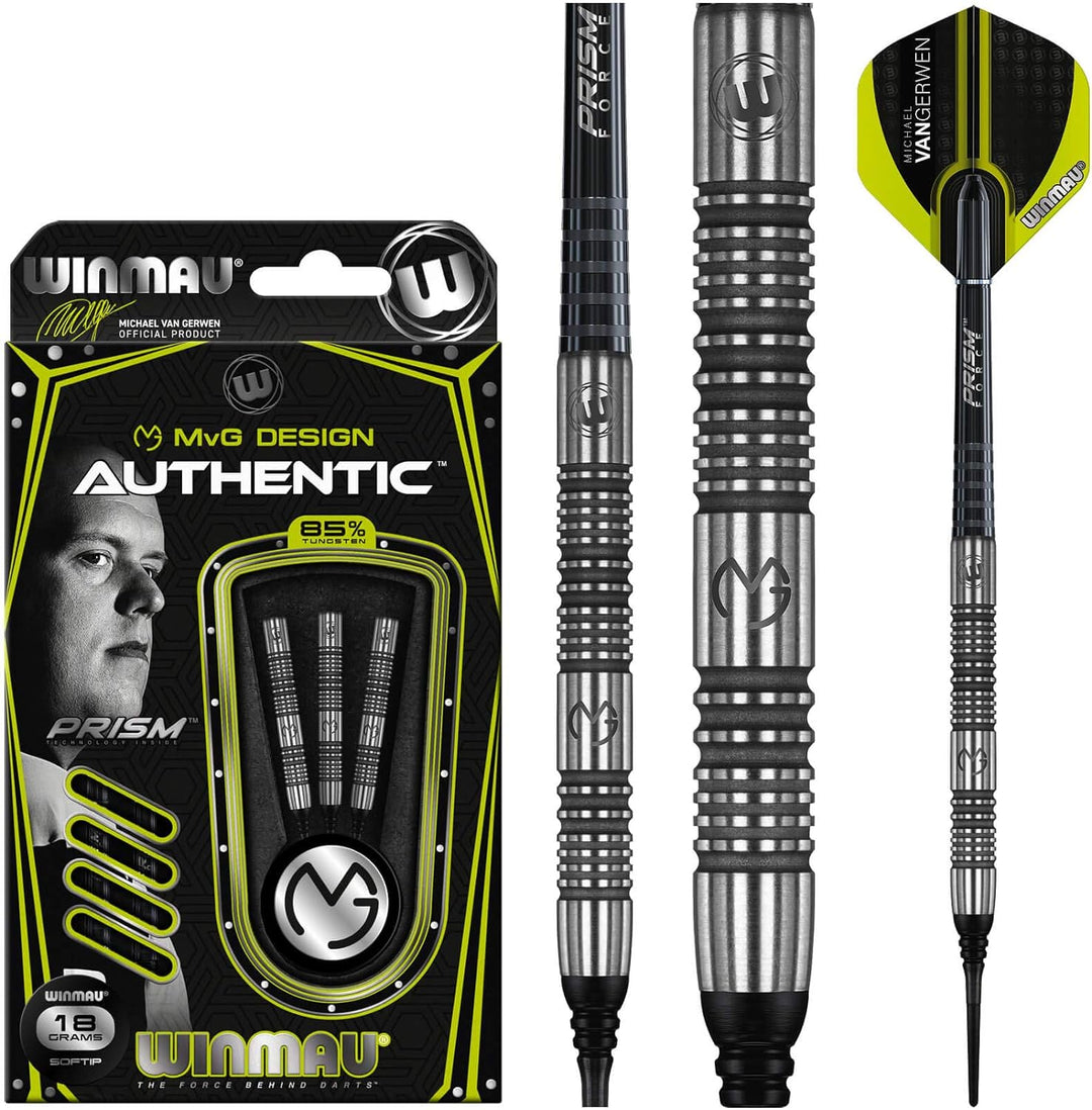 WINMAU Michael Van Gerwen MvG Authentic 22g Profi Wolfram Softip Dartpfeile Set mit Flights und Schä