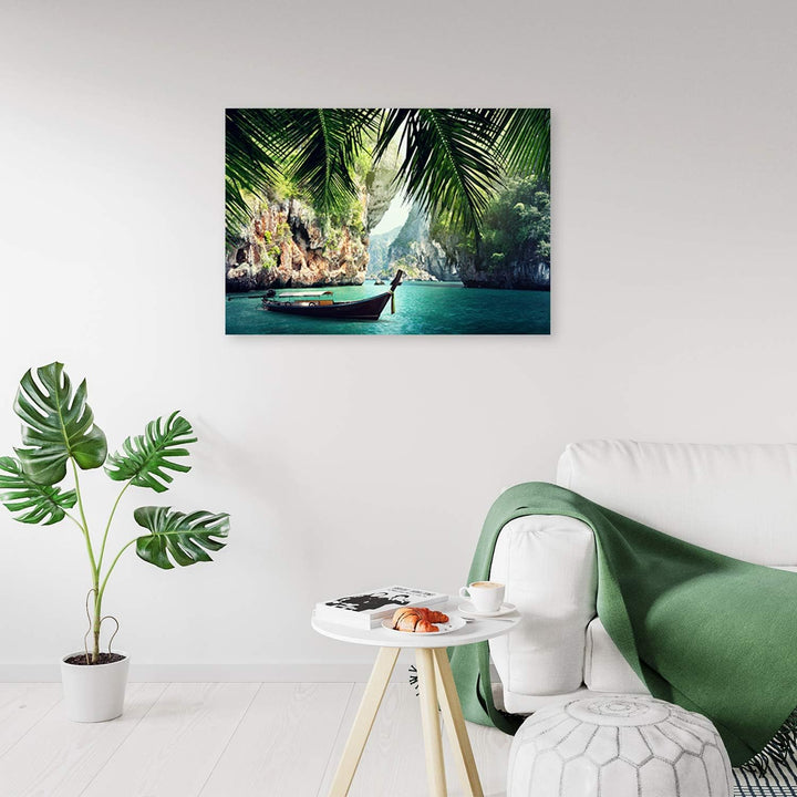 Dekobild Boot Deko Wand Kunstdruck See Grün 70x50 cm