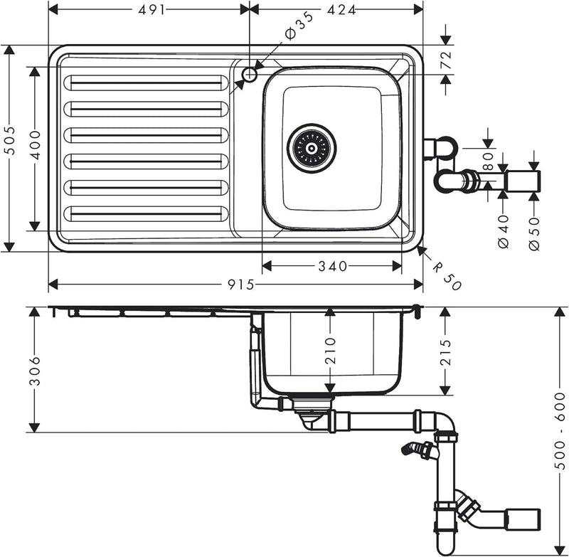 hansgrohe Küchenspüle mit Abtropffläche (Einbauspüle, 340 x 400 mm) edelstahl, S4111-F340 mit Abtrop