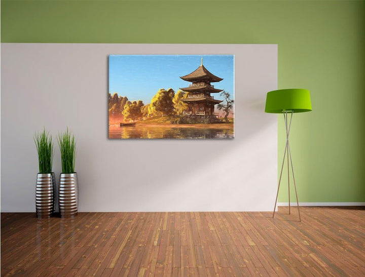 Pixxprint prachtvoller asiatischer Tempel an See Kunst Buntstift Effekt, Format: 100x70 auf Leinwand