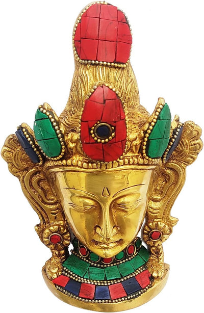 Purpledip Buddhist Goddess Tara Mask (Wall Hanging), Pure Brass with gemstone work (10649)