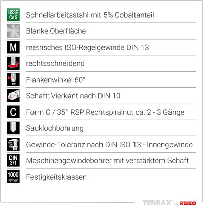 TERRAX by RUKO Maschinengewindebohrer-Satz M DIN 371/376 Form C / 35° RSP HSSE-Co 5 in Kunststoffkas