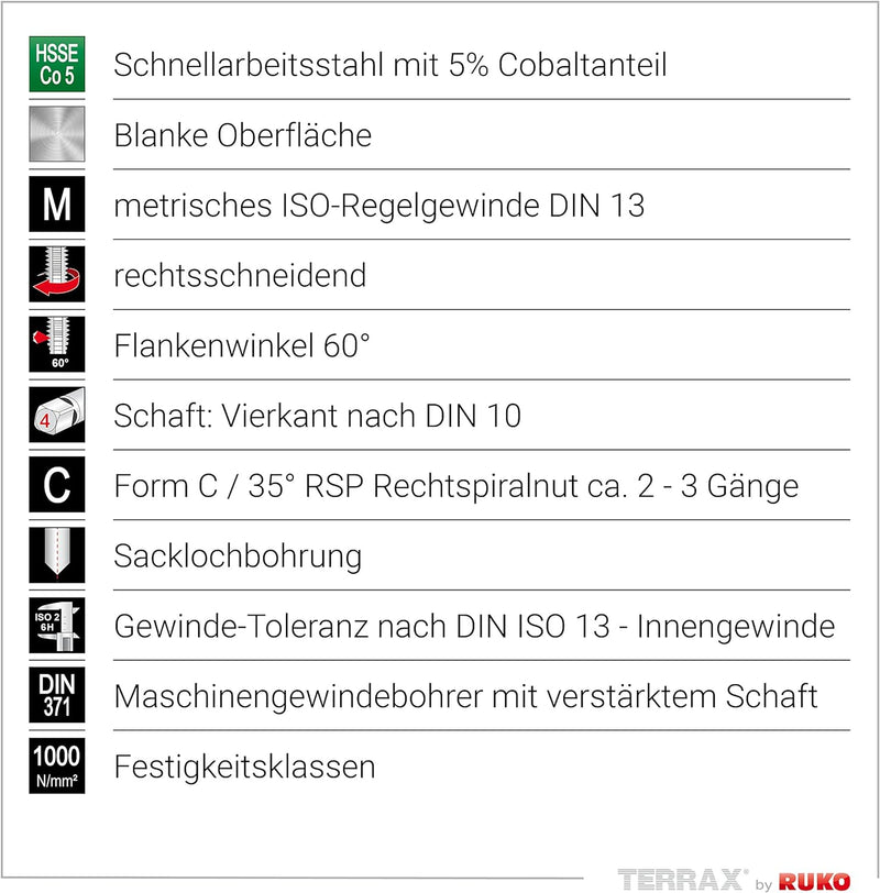 TERRAX by RUKO Maschinengewindebohrer-Satz M DIN 371/376 Form C / 35° RSP HSSE-Co 5 in Kunststoffkas