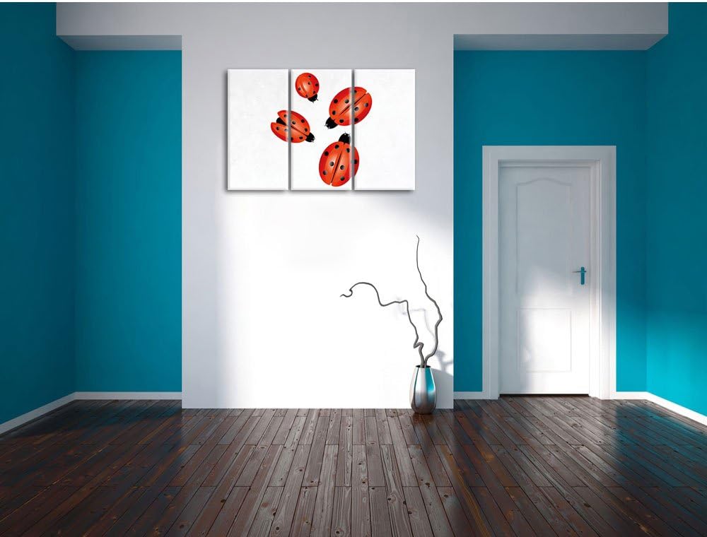 Pixxprint Süsse Marienkäfer weiss 3-Teiler Leinwandbild 120x80 Bild auf Leinwand, riesige Bilder fer