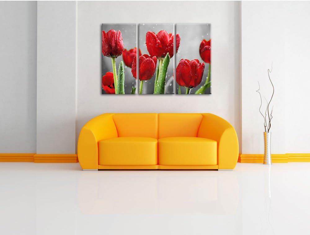 Pixxprint Rote Tulpen mit Tropfen bedeckt als Leinwandbild/Grösse: 3 Teilig (120x80) cm/Wandbild/Kun